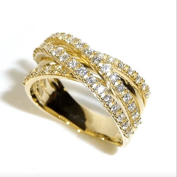 14k Yellow Gold Pave Diamond Ring Band Layer Criss Cross Ring - Picture 5 of 6